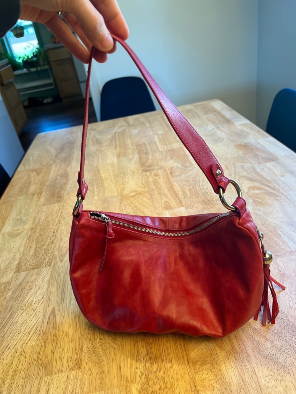 Vintage HOBO Red Leather Shoulder Bag with Side Zipper and Tassel - Picture 2 of 16